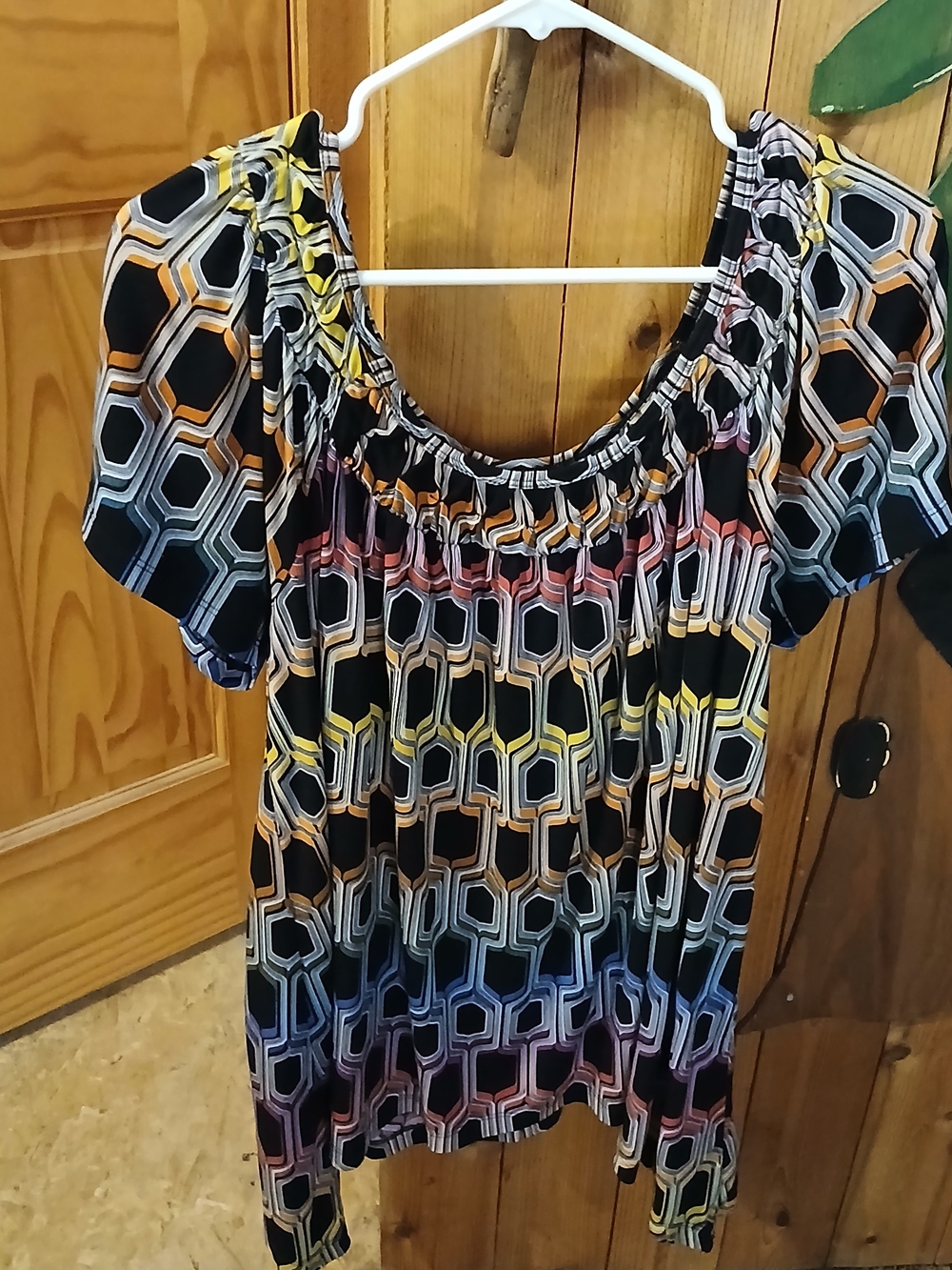 Geometric Off-Shoulder Blouse in Black with Multi-Color Accents